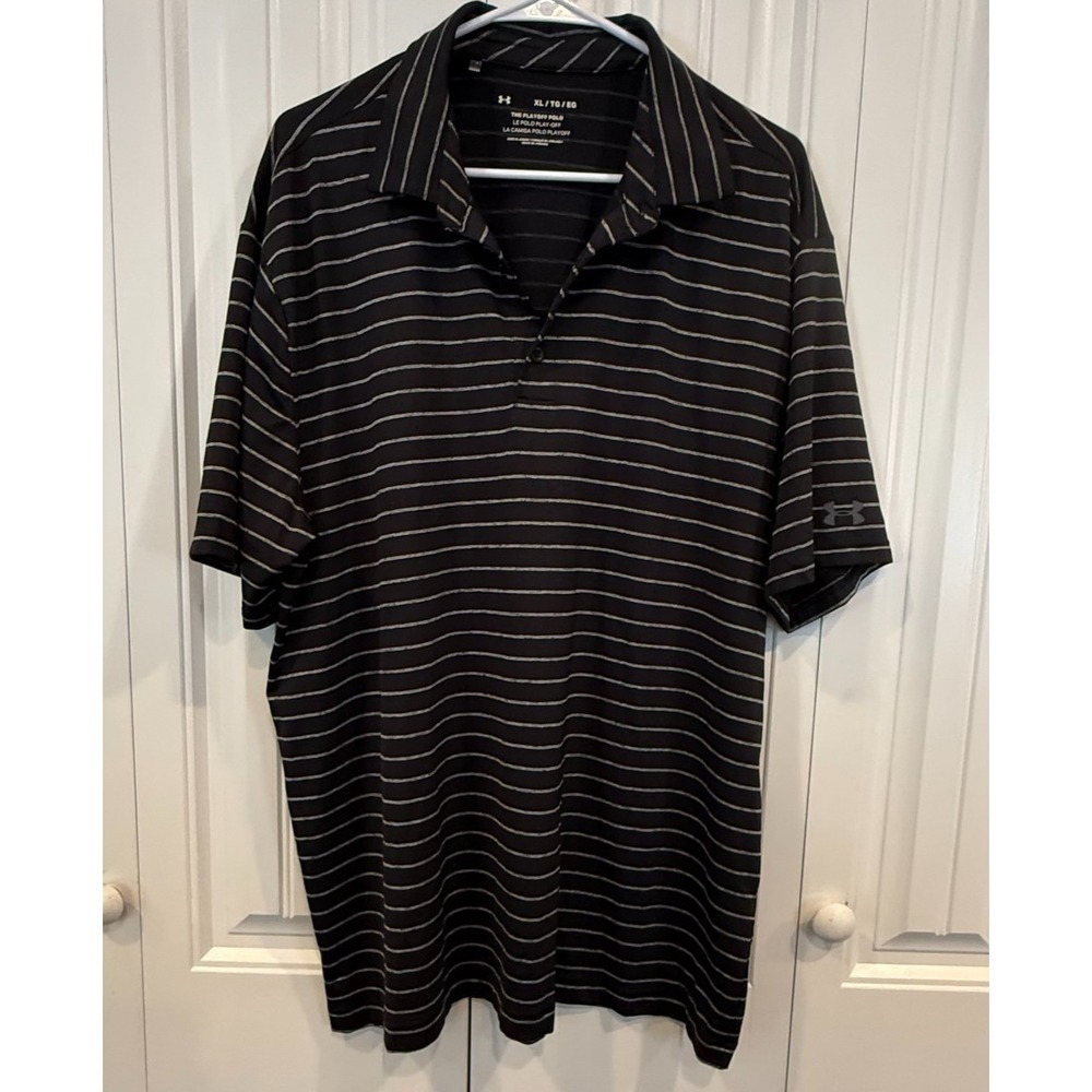 Under Armour Mens XL Polo Shirt Black White Striped Short Sleeve Golf Activewear